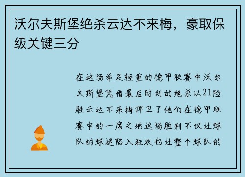 沃尔夫斯堡绝杀云达不来梅，豪取保级关键三分